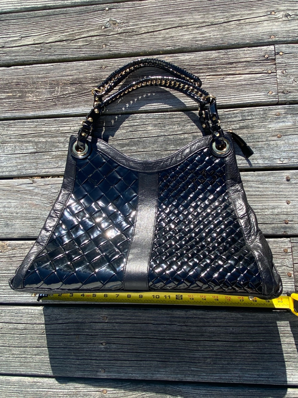 BCBGMaxAzria Black Quilted Patent Shoulder Bag with Chain Handles